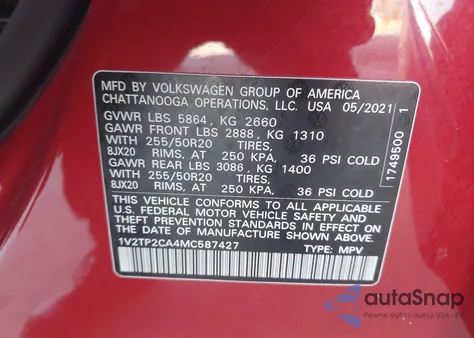 2021 Volkswagen Atlas 2.0T Sel Premium from USA, damaged, VIN 1V2TP2CA4MC587427